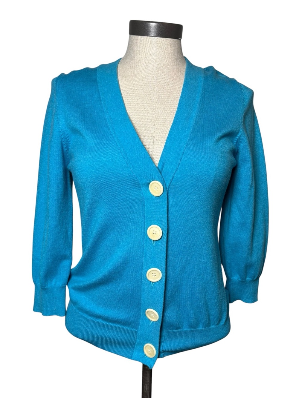 Boden Turquoise Blue Button Front Cardigan Size 12 Soft Knit 3/4 Sleeve